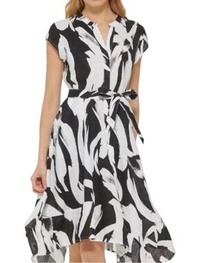DKNY PURE 100 % LINEN Abstract Black & White Midi Shirt Dress with Tie Waist